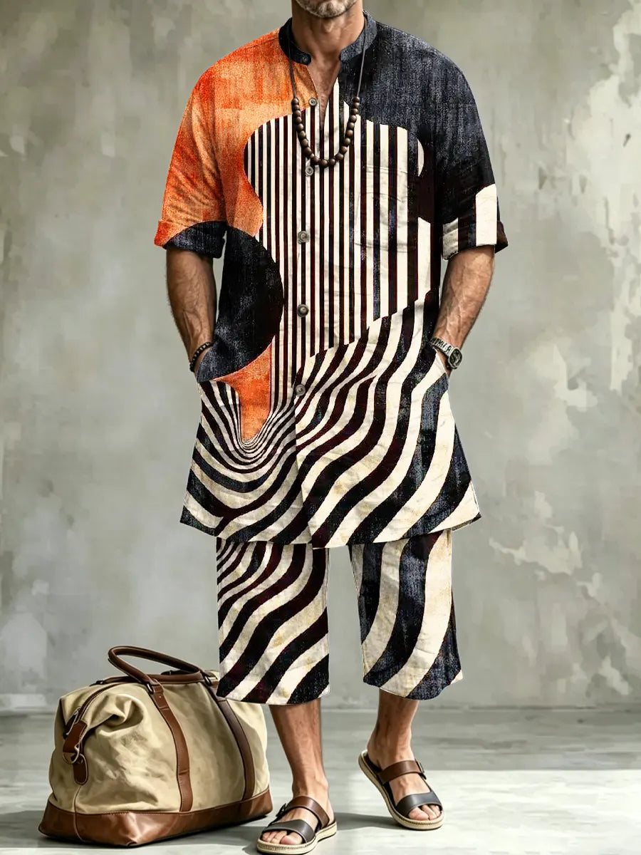Men's Abstract Art Print Casual Henley Collar Short-sleeve Linen Top Shorts Two-piece Set